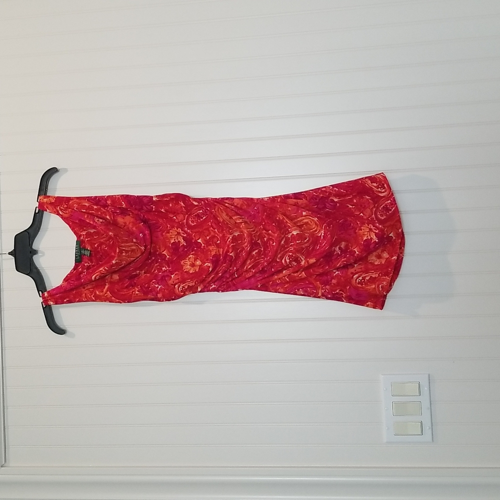 Beautiful Ralph Lauren orange magenta cowl neck rouched body con dress size 2